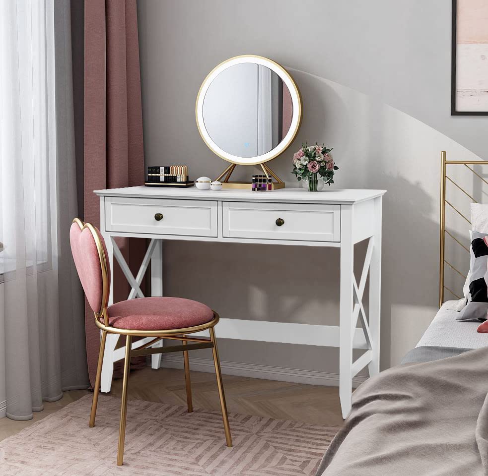 White Computer Desk with 2 Drawers, Modern Makeup Vanity Desk with Storage, Writing Desk for Home Office, 42'' Long Study Simple White Desk for Bedroom Console Table Living Room Lewahom