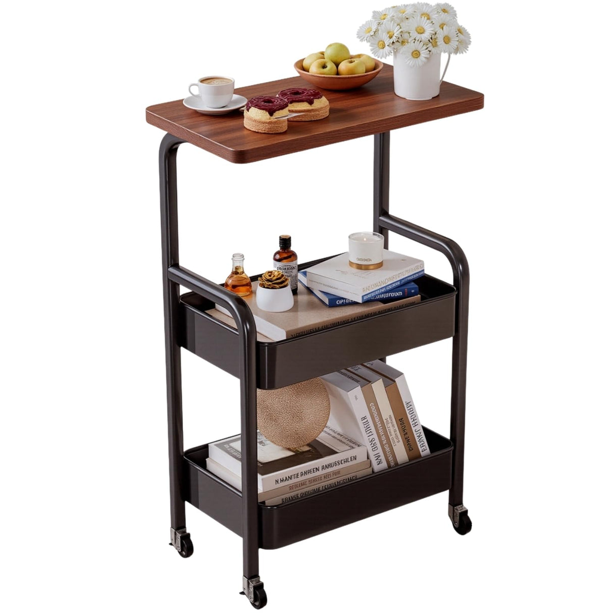 3 Tier Metal Rolling Utility Cart Organizer with Walnut Table Top, Stable and Sturdy Rolling Storage Carts with 2 Lockable Wheels for Kitchen,Bathroom,Snacks,Coffee,Craft,Makeup,Baby Essentials MASHART