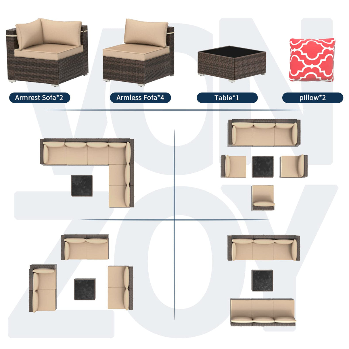 VONZOY Outdoor Patio Furniture Set 7 Pieces Sectional Rattan Sofa Set, PE Rattan Wicker Patio Conversation Set with 6 Seat Cushions and 1 Tempered Glass Table and Furniture Cover, Brown VONZOY