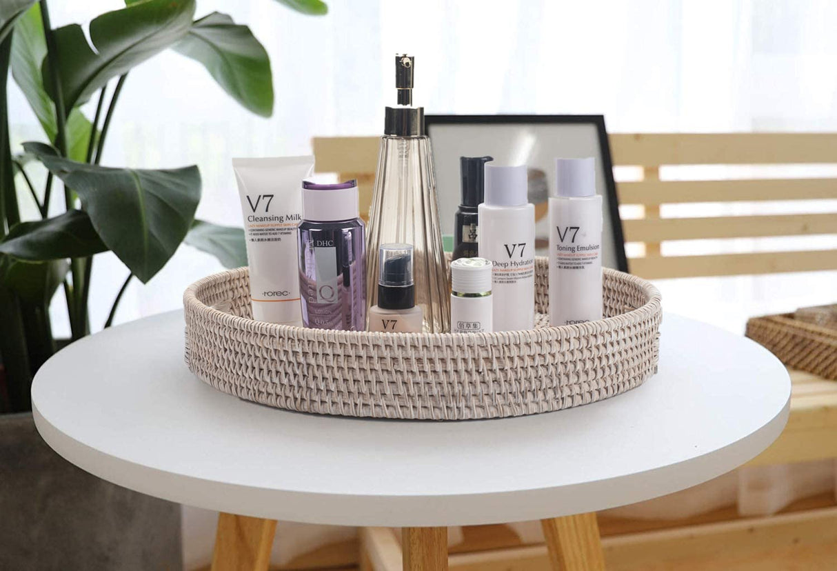 13.8 inch Round Rattan Tray, Decorative Coffee Table Tray, Ottoman Tray, Woven Serving Tray with Handles, Wicker Serving Basket, Whitewash YANGQIHOME