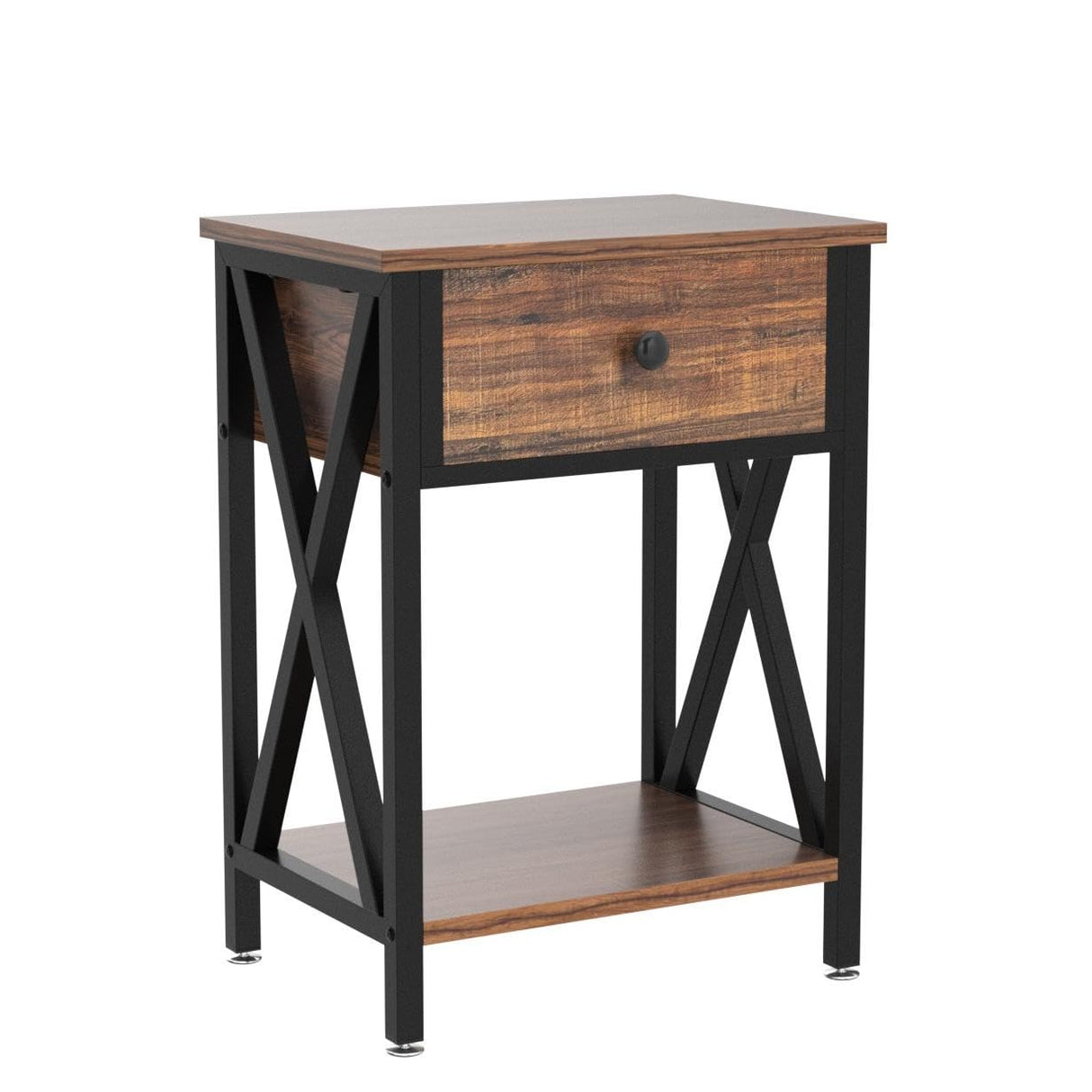 VECELO Nightstands Set of 2, Modern Bedside End Tables, Night Stands with Drawer and Storage Shelf for Living Room Bedroom, Industrial Metal Frame, Brown VECELO