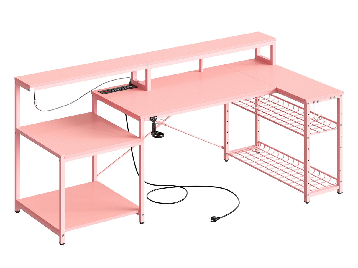 Bestier 71.5 inch Gaming Desk with Power Outlet, Large LED Computer Desk with Monitor Stand, L Shaped Desk with Storage Shelf, Cup Holder & Headset Hooks, Corner Gamer Desk for Bedroom Pink Bestier
