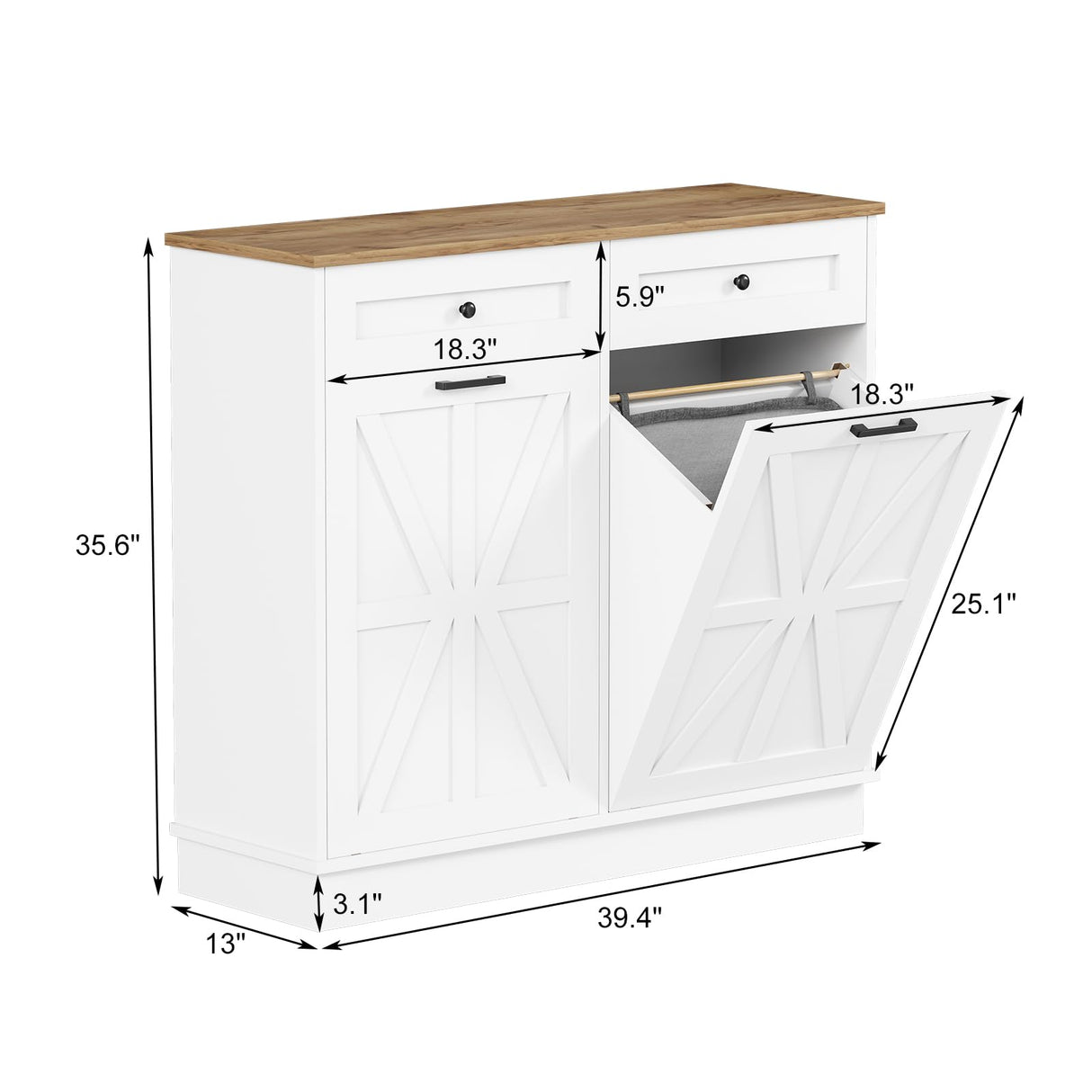 Double Tilt Out Trash Cabinet 20 Gallon,Hidden Wooden Trash Can Cabinet, Farmhouse Laundry Hamper Cabinet with Solid Wood Tabletop & Drawer, Pet Proof Trash Can, Wood Laundry Cabinet GarveeHome
