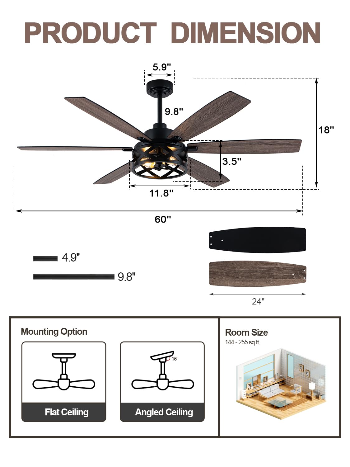 Curve Curio 60 Inch Farmhouse Ceiling Fan with Light Black Rustic Ceiling Fan Reversible DC Motor Caged Chandelier Fan for Living Room Bedroom Curve Curio