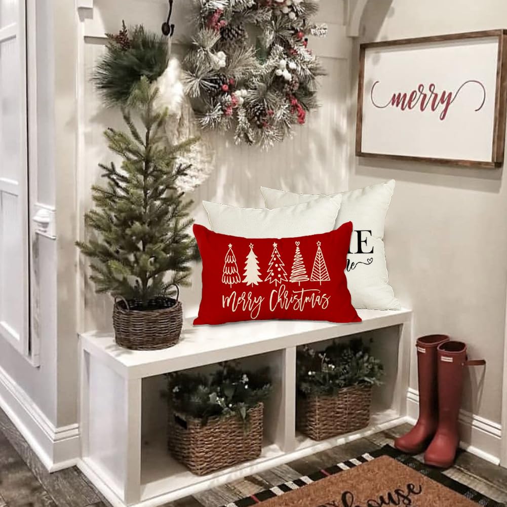 RABUSOFA Christmas Pillow Covers 12x20 Inch,Merry Christmas Tree Pillows Decorative Throw Pillows,Xmas Red Cushion Cover Decor for Holiday Couch Sofa Outdoor Lumbar(6) RABUSOFA