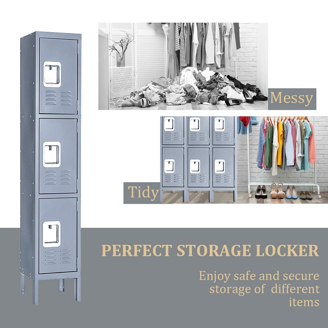 Greenvelly Metal Locker for School Office Gym Metal Storage Locker Cabinet for Employees Students Steel Locker Triple Tier with 3 Door Grey Greenvelly