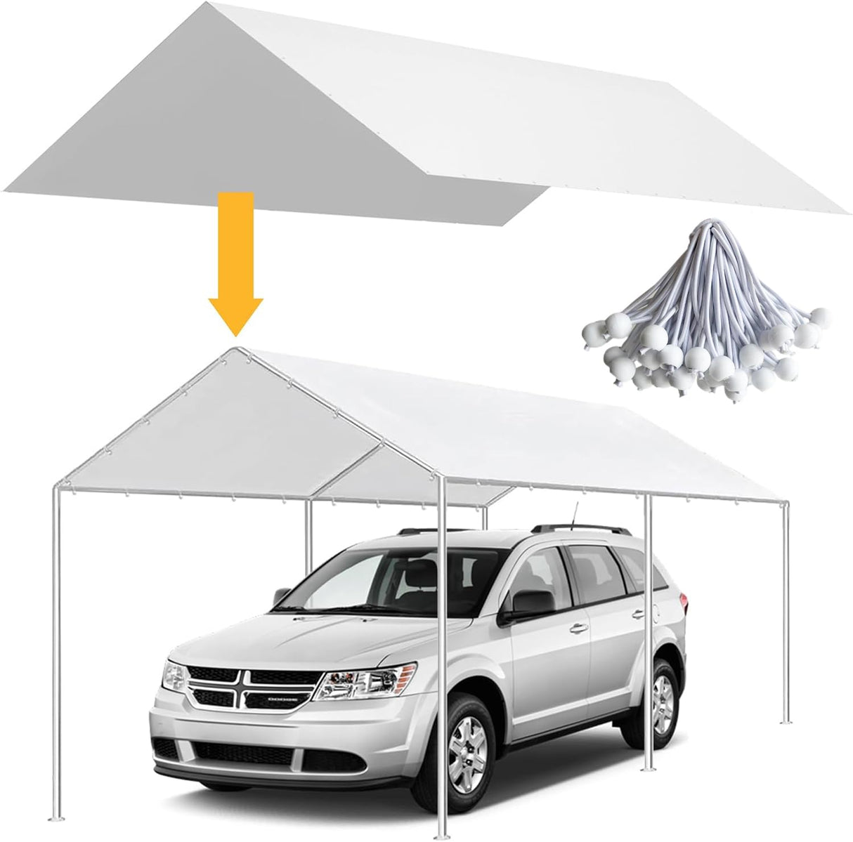 10 x 20 Ft Carport Replacement Canopy Cover, Heavy Duty Top Cover for Car Garage, Tear-Proof, Anti-UV & Waterproof Party Tent Shelter Tarp with 42 Ball Bungees (Only Cover, Frame Not Include) White QiaFantm