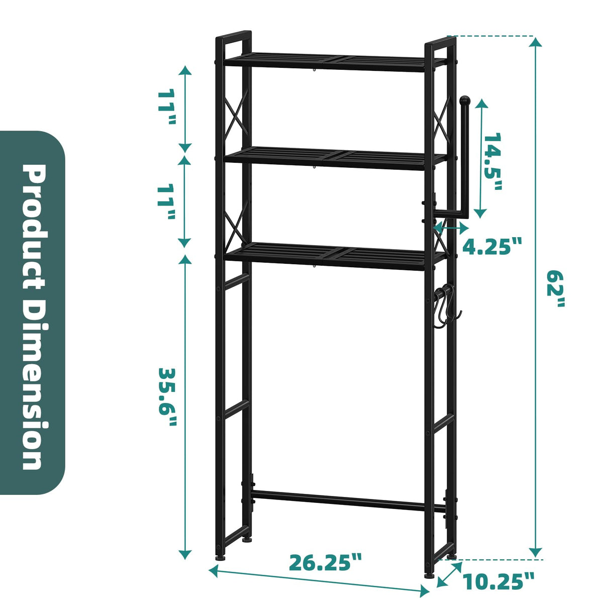Simple Trending Over The Toilet Storage Rack with Toilet Paper Holder, Heavy Duty Metal 3 Tier Bathroom Organizer Shelf with 3 Hooks,Black Simple Trending