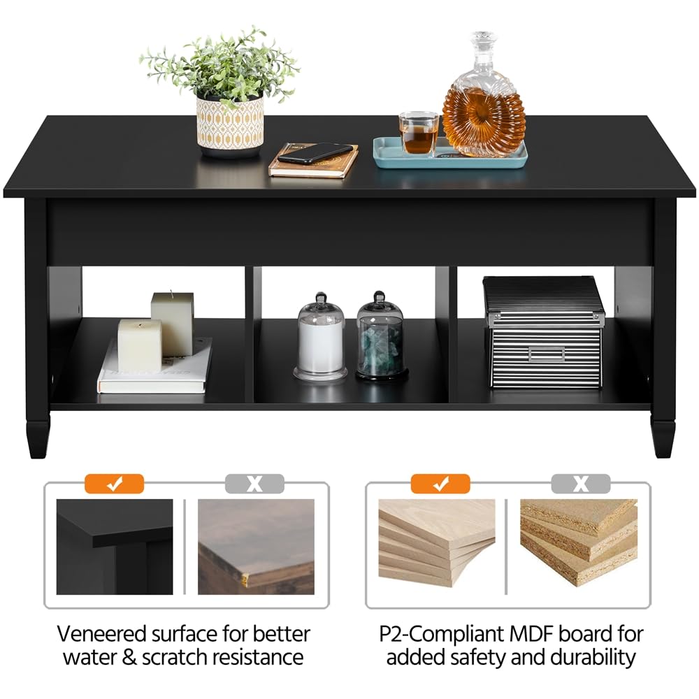 Yaheetech Black Coffee Table, 47.5in Lift Top Coffee Table, Lift Up Center Table w/Hidden Compartment & 3 Cube Open Shelves for Living Room Yaheetech