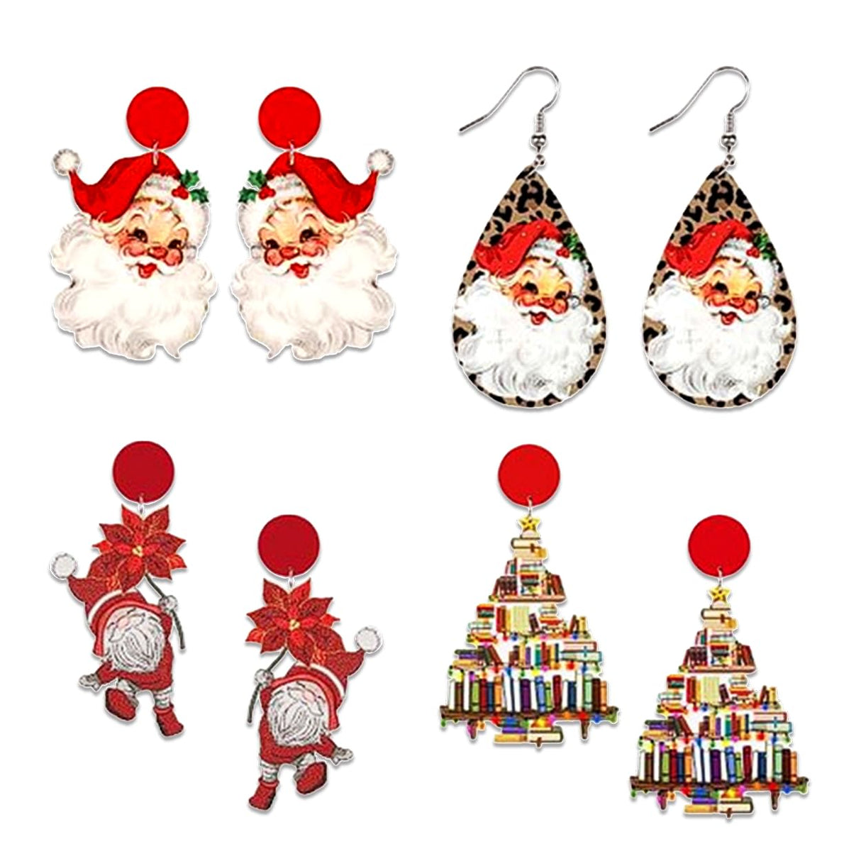 JeanBeau 4 Pairs Christmas Wooden Santa Dangle Drop Earrings Bulk for Women Cute Holiday Earrings Lightweight Wood Round Stud Xmas Book Decoration Accessories Jewelry Gift Jean Beau