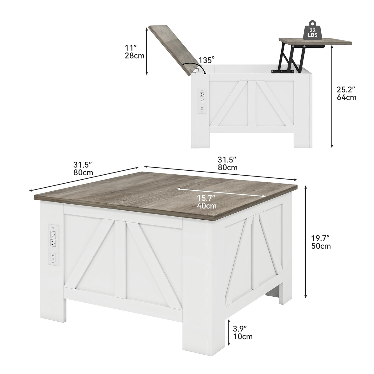 YITAHOME Farmhouse Lift Top Coffee Table with Storage, Wood Square Center Table with Charging Station & USB Ports and Hidden Compartment Coffee Tables for Living Room Bedroom, Home Office, White YITAHOME