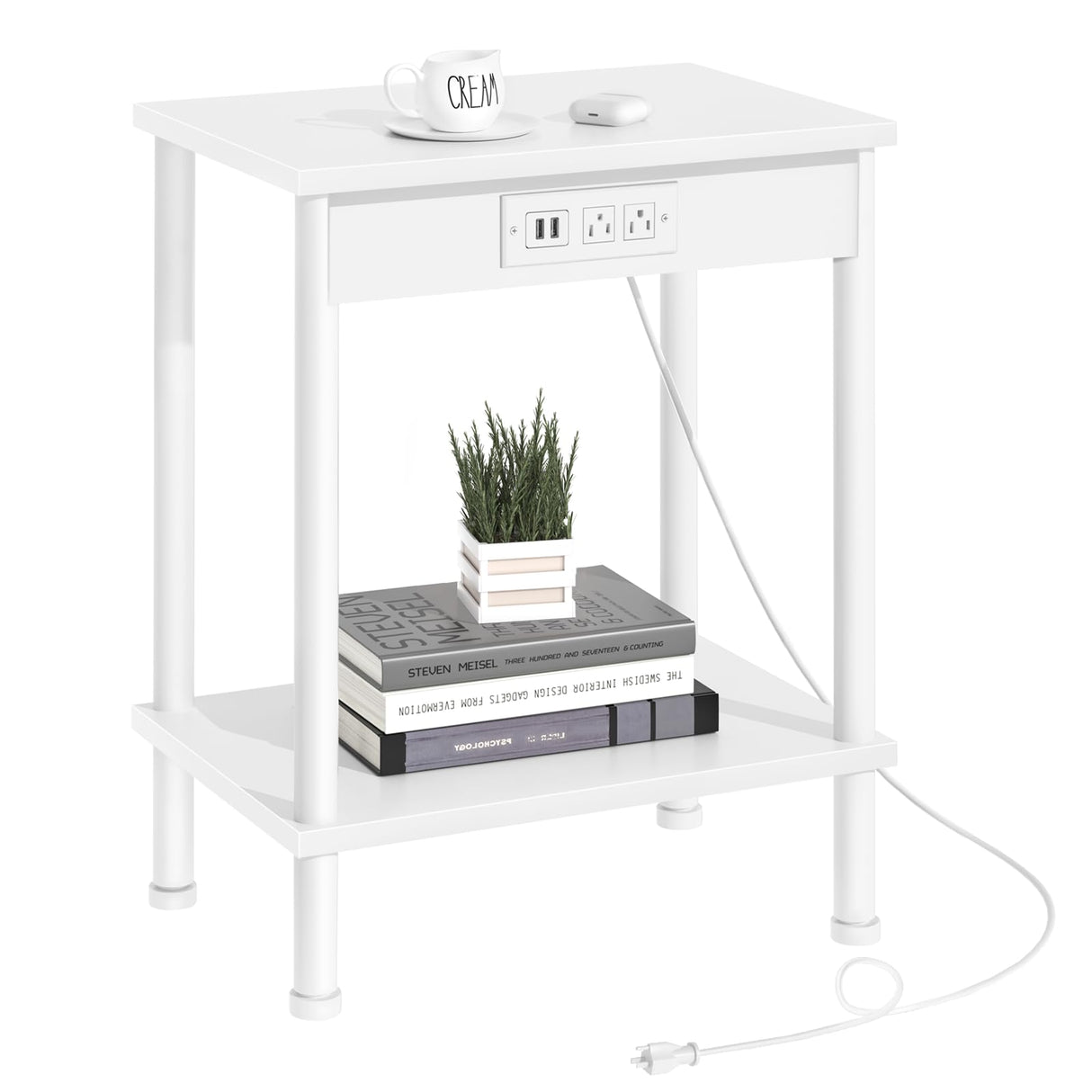 YUFAM End Table with Charging Station,Small Side Table,2-Tier Nightstand with Storage Shelf,Sofa Bedside Table for Small Spaces in Living Room,Bedroom,Office,Easy Assembly,White YUFAM