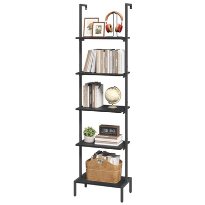 MAHANCRIS 5-Tier Ladder Shelf, Storage Bookshelf with Wall Mount, Heavy Duty Industrial Style Ladder Shelves for Living Room, Office, Kitchen, Bedroom, Black LSBK5501