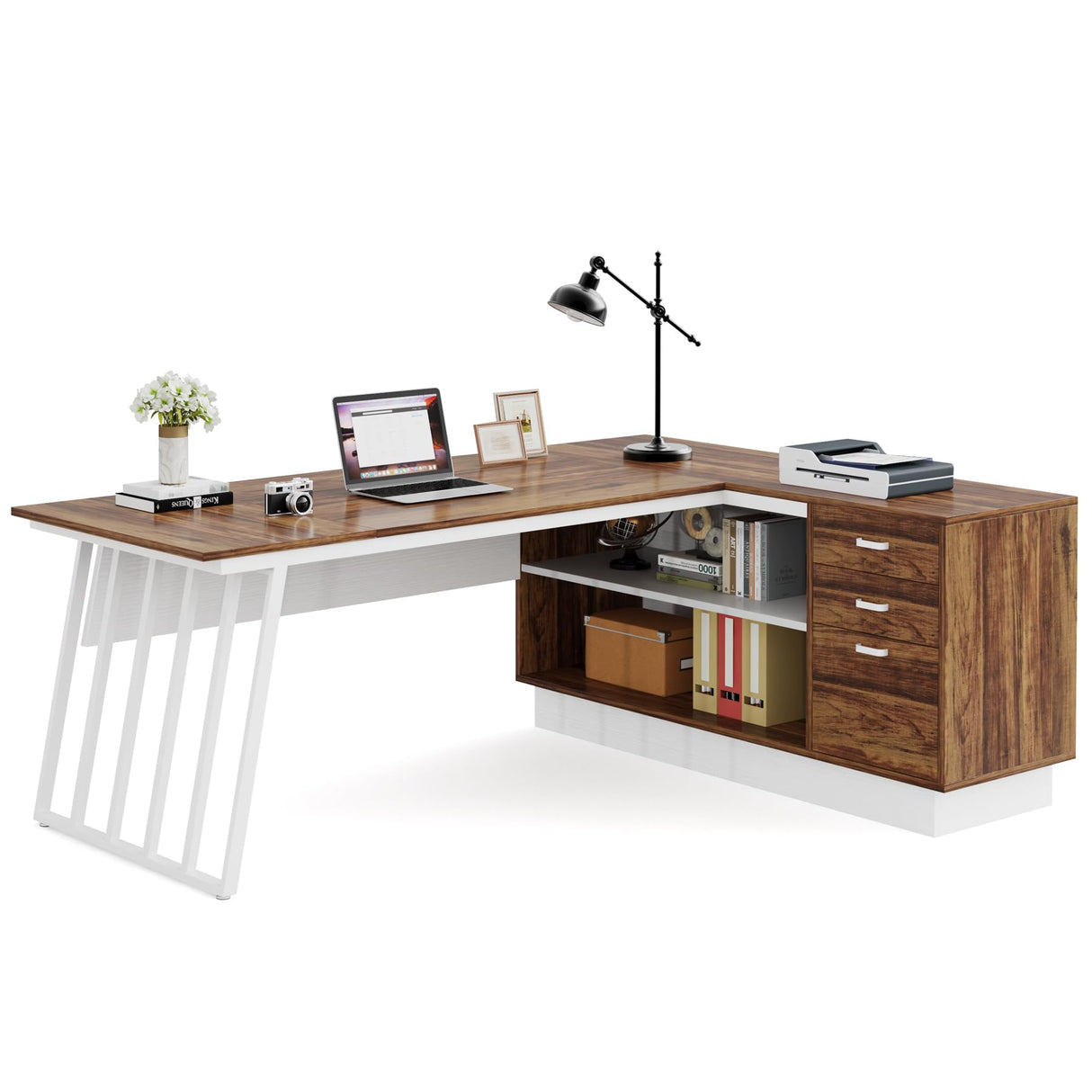 Tribesigns 71-Inch Executive Desk, L-Shaped Desk with Cabinet, Large Office Desk with Drawers and Storage Shelves, Writing Table Computer Desk for Home Office, Brown and White Tribesigns