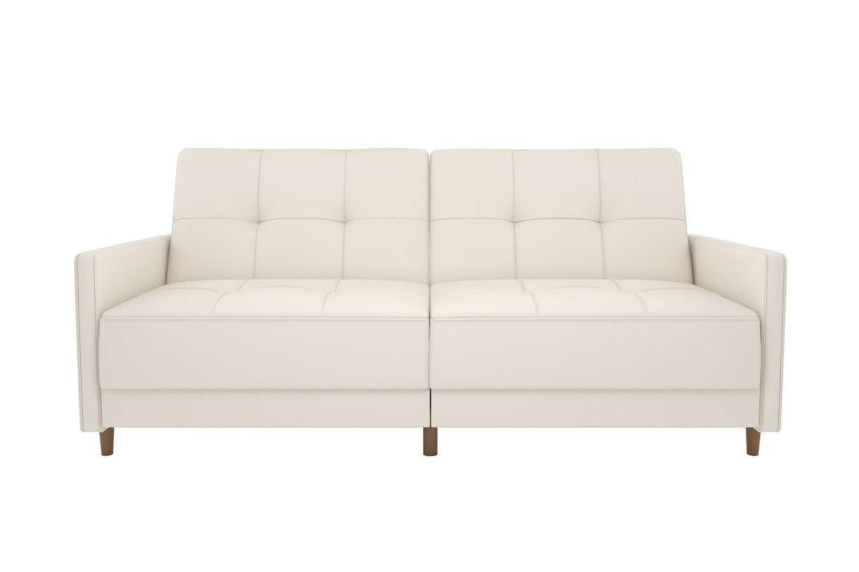DHP Andora 76 Inch Futon Sofa Bed in Faux Leather, Modern Upholstered Couch Sleeper with Button Tufted Back and Seat, White DHP