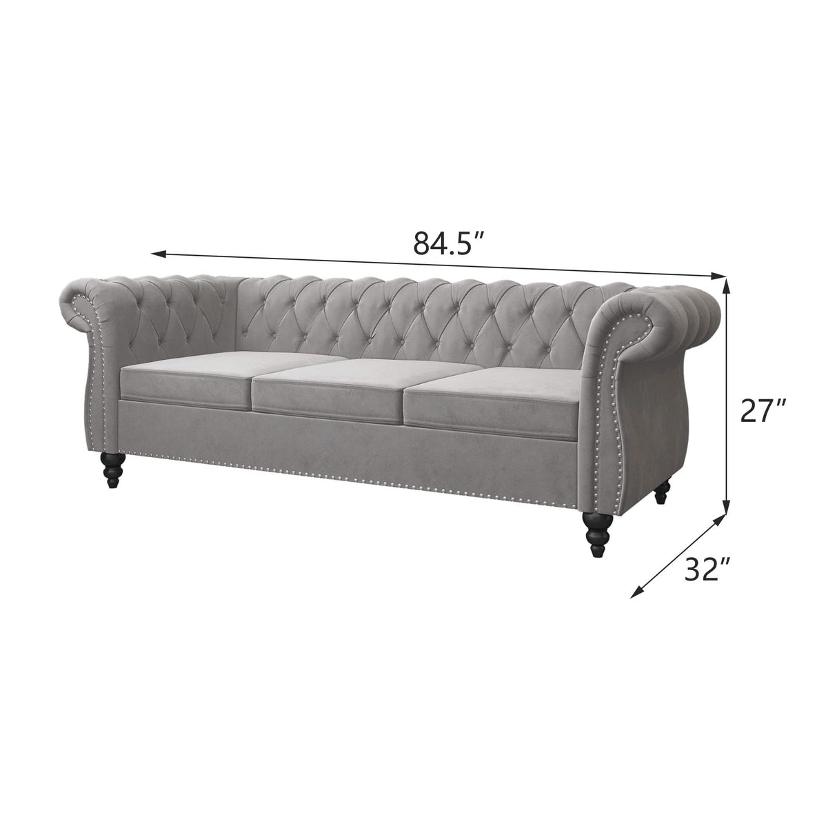 3 Piece Living Room Set, Velvet Chesterfield Sofa Loveseat Couch Chair with Scroll Arms and Nailhead for Living Room, Office (Grey) ORRD