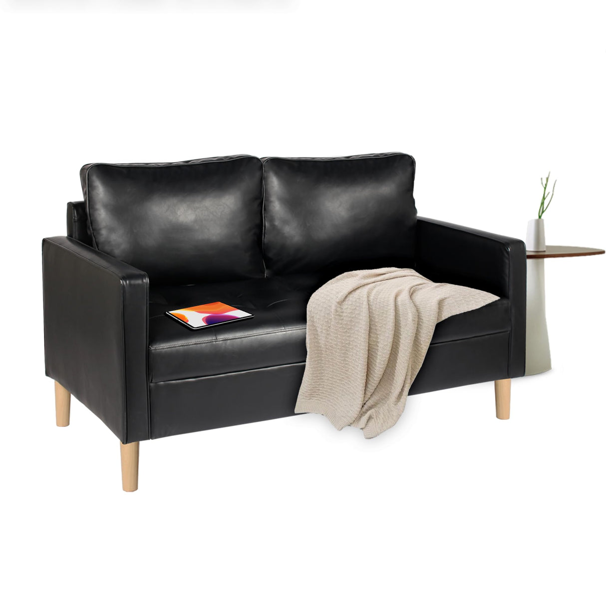 AILEEKISS 57'' Mid-Century Loveseat Faux Leather Sofa Couch with Armrest for Two People Modern 2 Seat Sofa for Living Room (2-Seater, Black) AILEEKISS