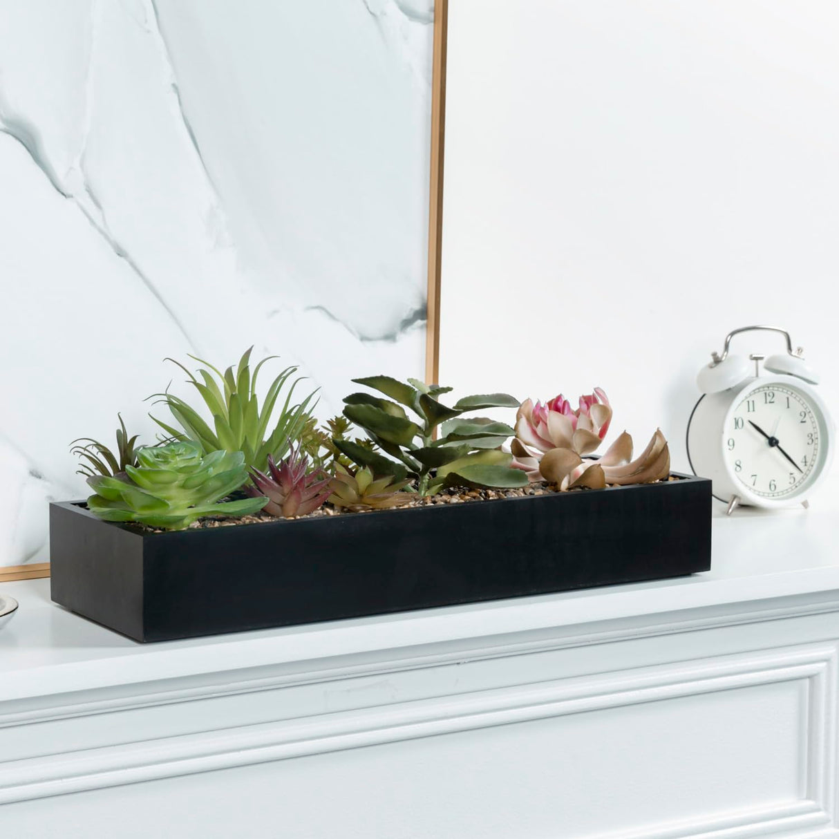MyGift Artificial Assorted Succulent Arrangement in Rectangular Black Wood Planter Box, Fake Plant Decor MyGift