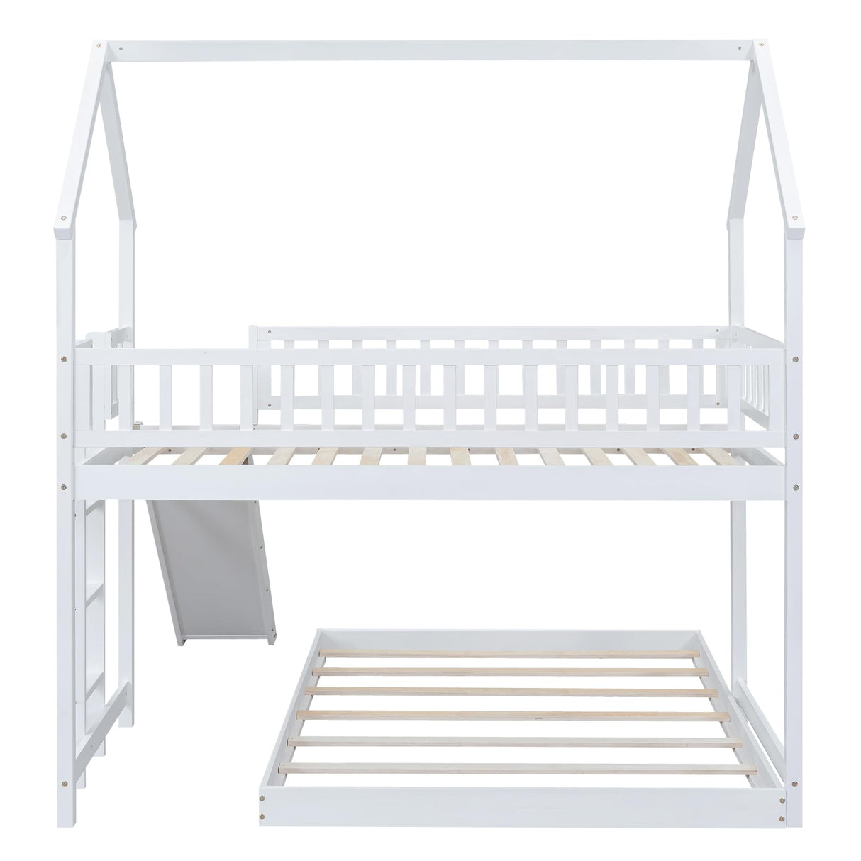 Harper & Bright Designs Twin Over Full Bunk Bed with Slide, Playhouse Bunk Beds Frame with Roof, Ladder and Guardrails, L-Shaped Bunk Beds, Floor Bunk Bed Frame for Kids Boys Girls Teens, White Harper & Bright Designs