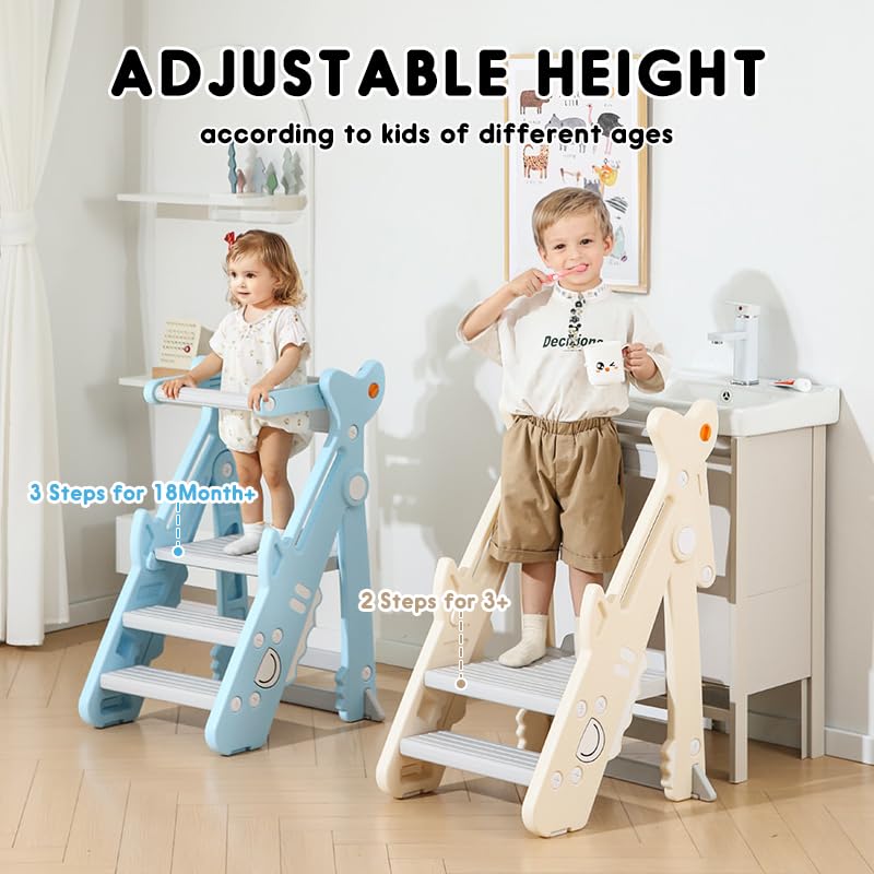 Toddler Kitchen Step Stool, Foldable Toddler Standing Tower for Toddler Kitchen Stool Helper - Adjustable Height Toddler Kitchen Stool, Removable Anti-Drop Railing Safety Rail HAPPYMATY