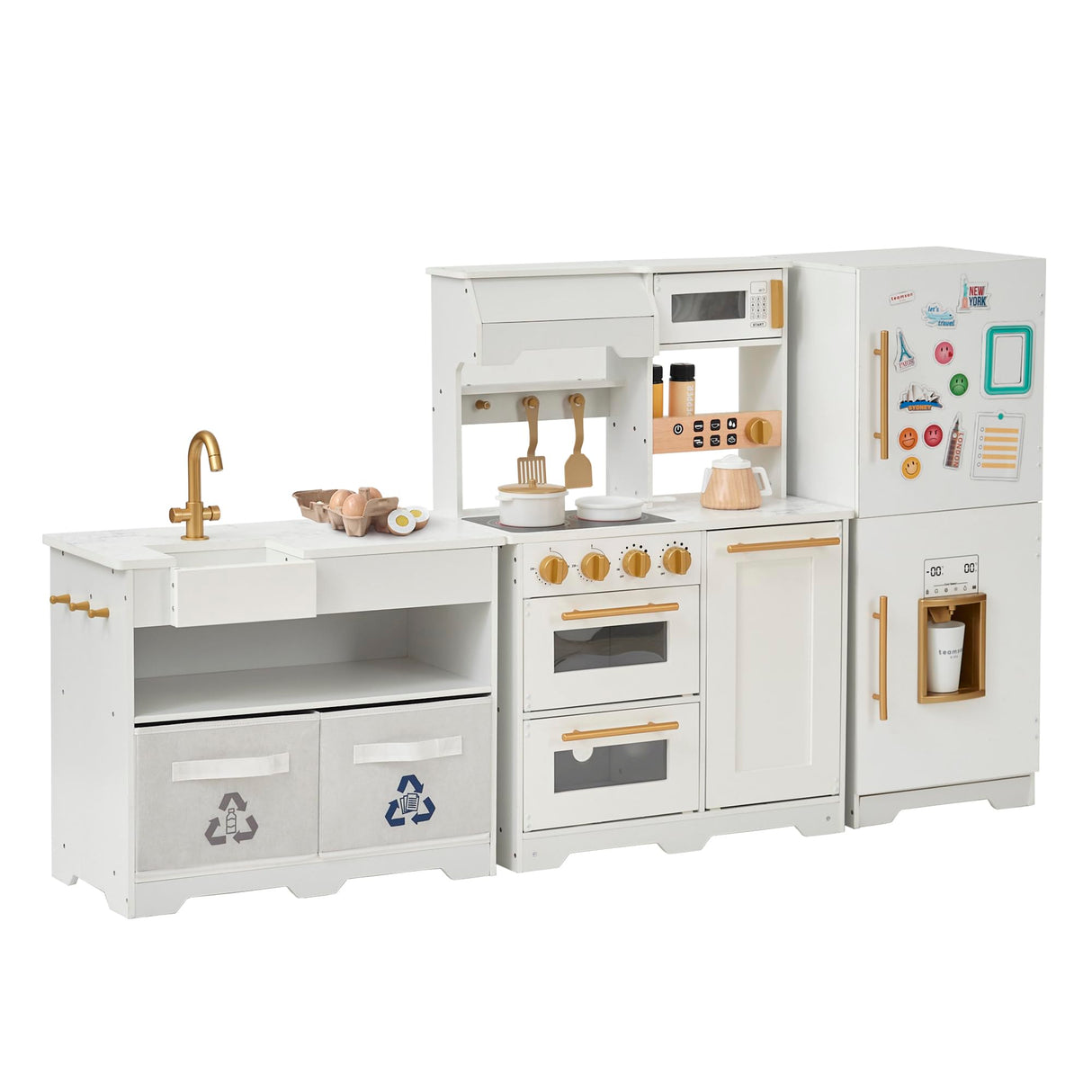 Teamson Kids Little Chef Atlanta Large Modular Wooden Play Kitchen with Interactive, Realistic Features, and 17 Kitchen Accessories, for 3yrs and up, Blue/White/Gold Teamson Kids