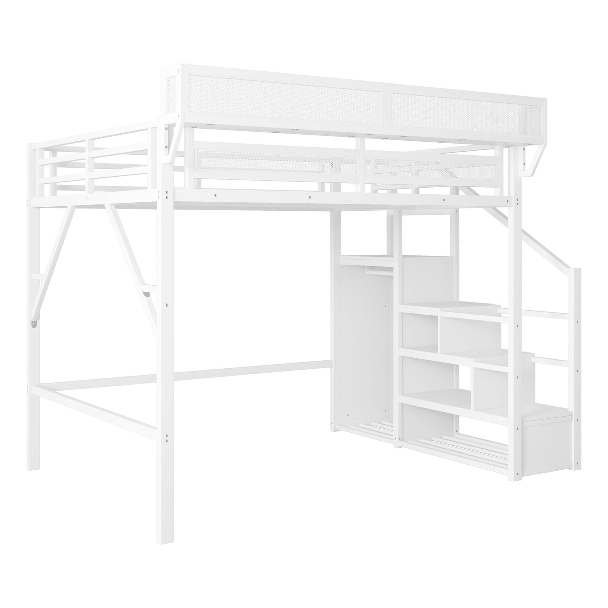 Mirightone Queen Size Loft Bed with Stairs and Storage, Metal Loft Bed Frame with Bedside Shelf and Large Under-Bed Space, Heavy-Duty Loft Beds for Adults Teens and Kids, White Mirightone
