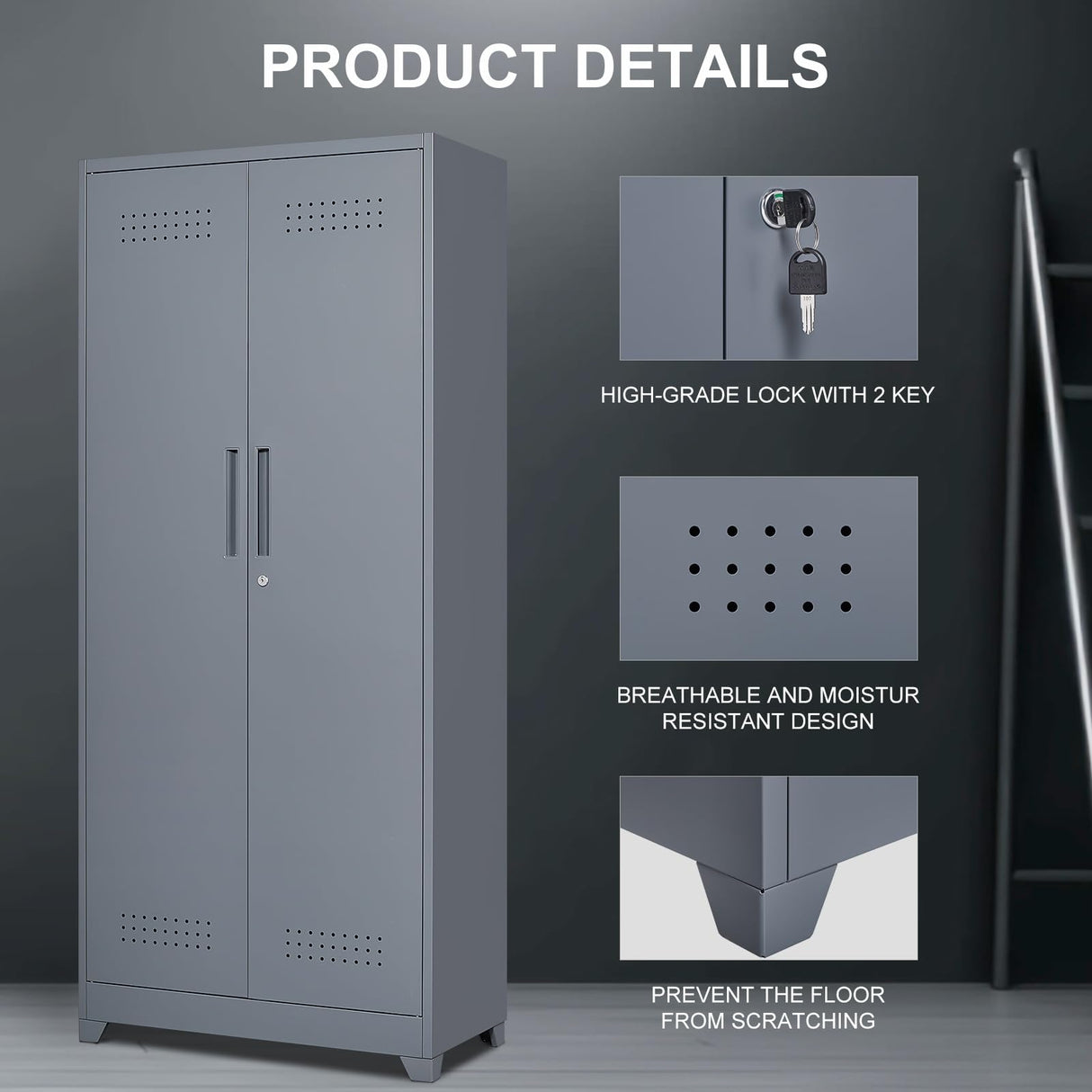 FLEXIMOUNTS 73'' Tall Metal Storage Cabinet with Locking Door, Large Cleaning Tool Organizer for Brooms, Garage, Laundry Room, Bathroom, Dark Grey FLEXIMOUNTS