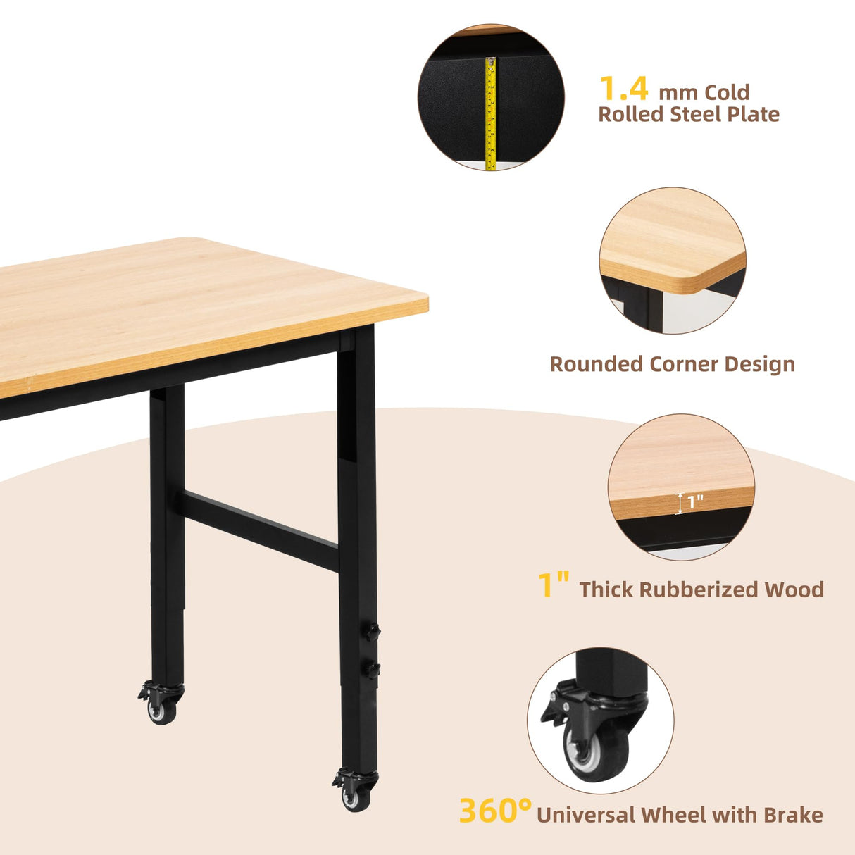 48" Adjustable Workbench with Wheels, Rolling Work Table for Garage, 2000 LBS Capacity Hardwood Work Bench, Heavy Duty Table for Workshop, Office, Garage, Home spanspace