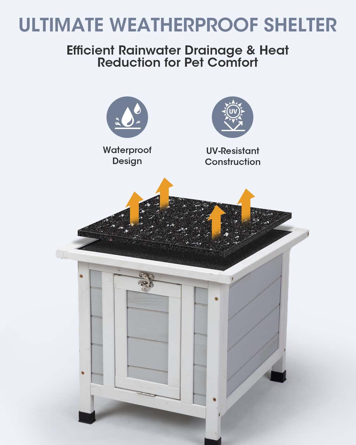 SANDINRAYLI Outdoor Cat House, Outside Rabbit Hutch Weatherproof, Small Bunny Hutch for 2 Rabbits, Wooden Cat Shelter for Duck, Chicken, Insulated Cat Houses and Hideouts for Feral Cat, Grey Sandinrayli