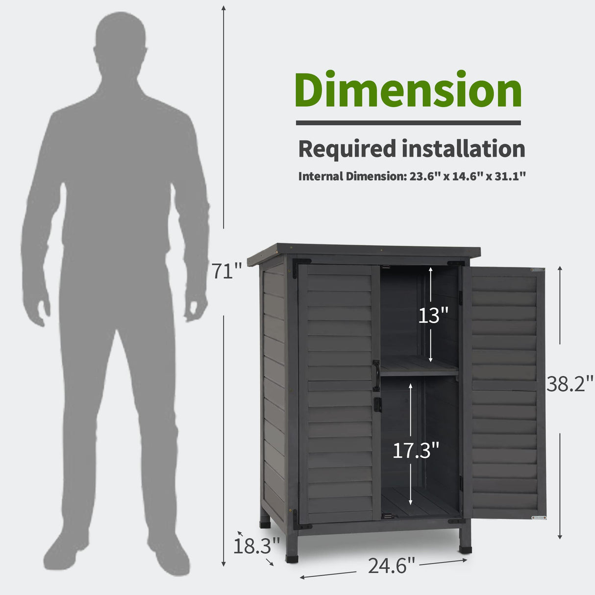 MCombo Outdoor Wood Storage Cabinet, Small Size Garden Wooden Tool Shed with Double Doors, Outside Tools Cabinet for Backyard (24.6”x 18.3”x38.2”) 0985 (Grey) MCombo