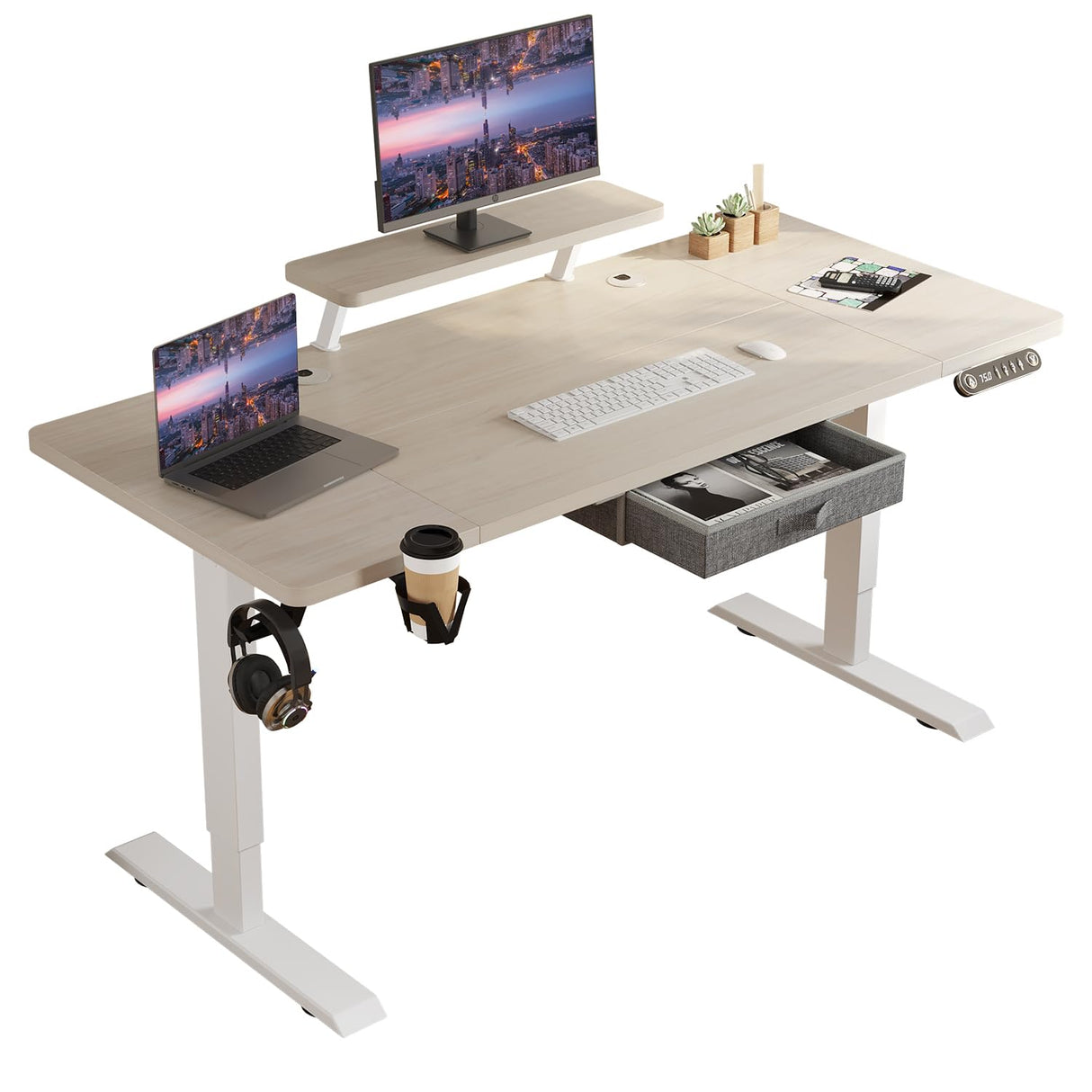 HEONAM Electric Standing Desk with Drawer, 63x30 Inches Height Adjustable Sit Stand Up Desk with Storage Shelf, Home Office Desk Computer Workstation with White Pearwood Top/White Frame HEONAM