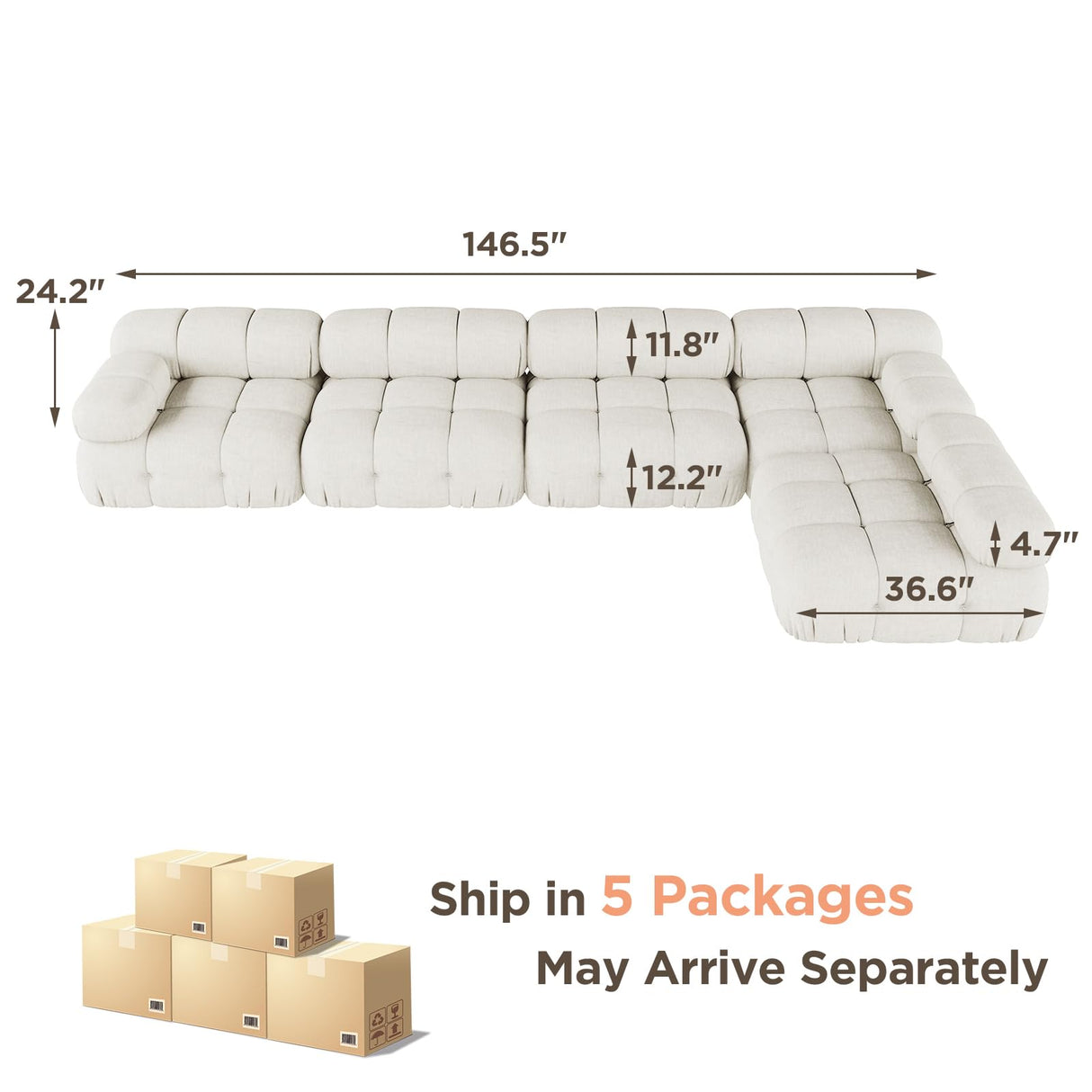 Jocisland Oversize 150'' Modular Compression Sectional Sofa Couches for Living Room Apartment, L Shaped Cloud Couch with Reversible Chaise Ottoman, Comfy Modern 5 Seater Boucle Floor Loveseat, Beige Jocisland