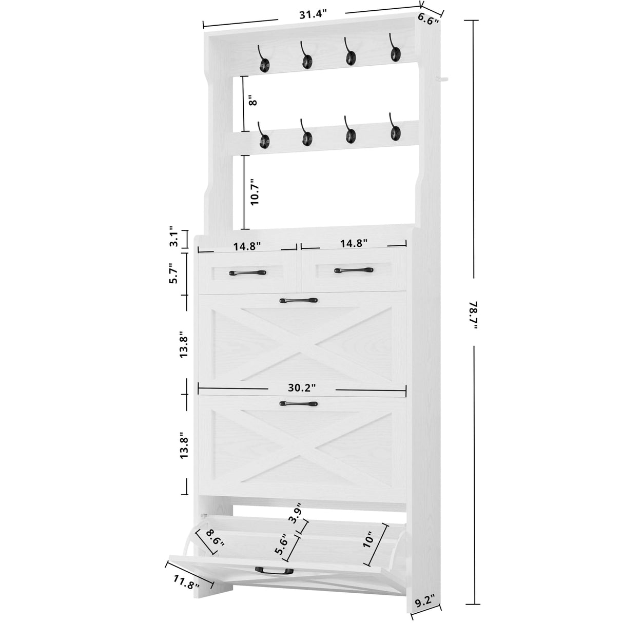 IRONCK Shoe Cabinet with 3 Flip Drawers & Coat Rack, Freestanding Wood Shoe Storage Organizer for Entryway, Hidden Narrow Shoe Rack Cabinet Organizer for Hallway Living Room, 2 in 1 Hall Tree White IRONCK