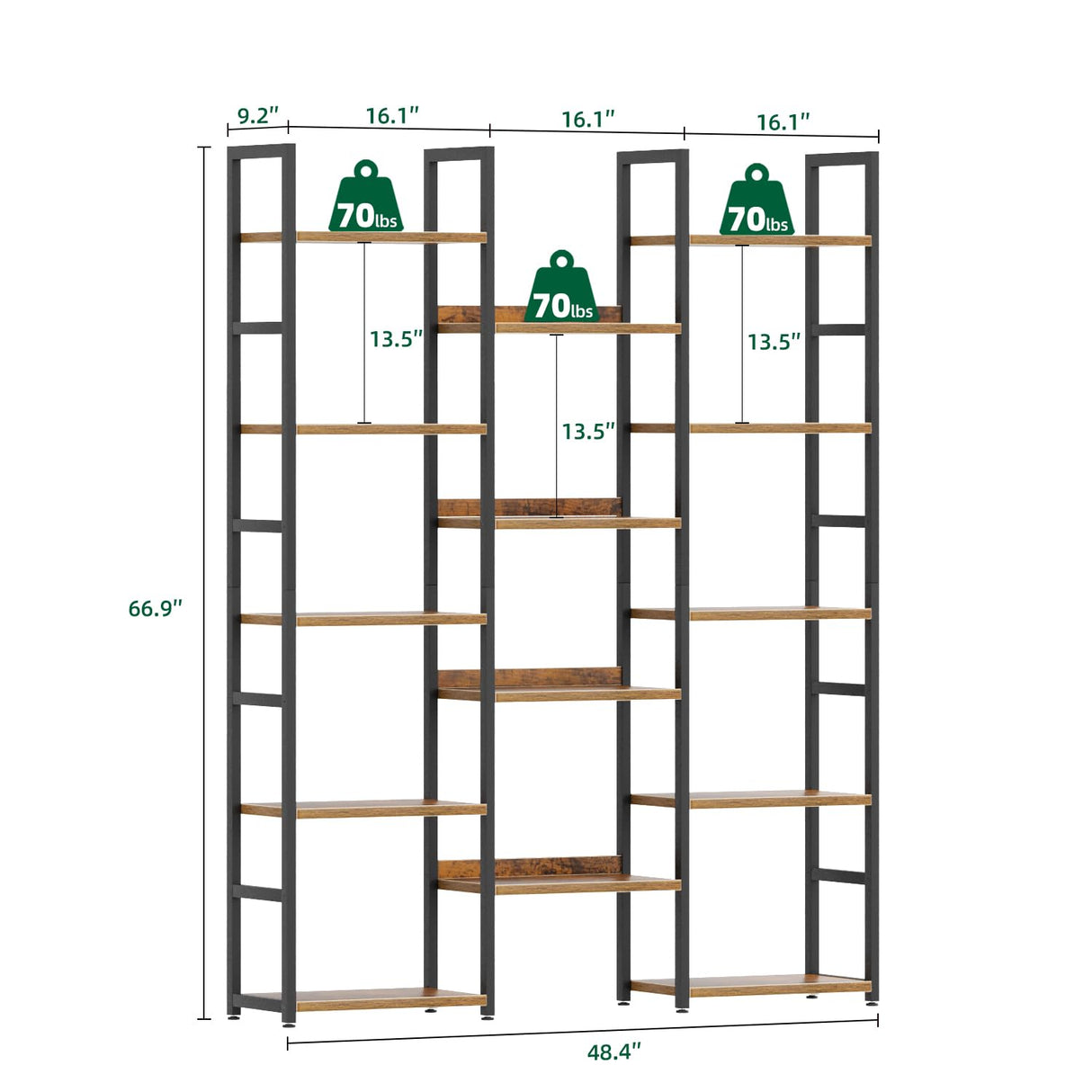 OTK Triple Column 5 Tier Bookshelf, Large Bookcase with 14 Open Display Shelves, Adjustable Industrial Book Shelf with Baffles, Wide Bookshelves for Bedroom, Living Room and Home Office, Rustic Brown OTK