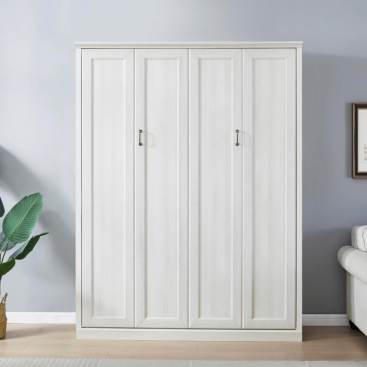 MERITLINE Queen Size Murphy Bed with USB Port,Wood Folding White Murphy Wall Bed Cabinet MERITLINE