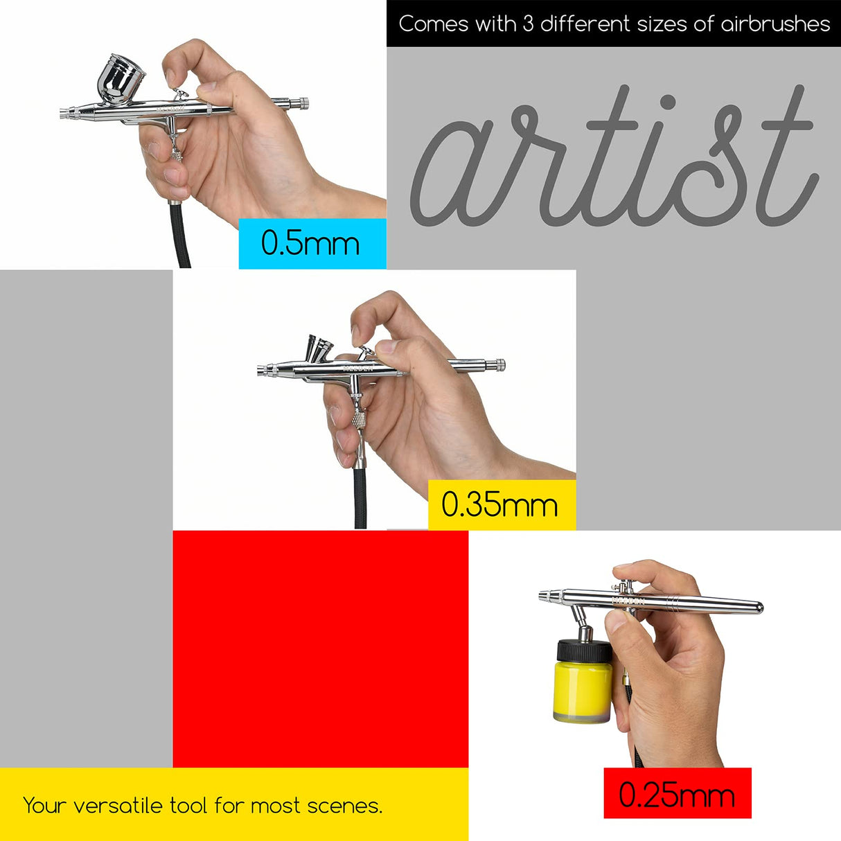 MEEDEN Airbrush Kit with Compressor and Paint: 1/5 HP Quiet Air Compressor for Model Painting with 3 Dual-Action Airbrush Guns - 24 Colors x 30ml Acrylic Spray Paint Set with Hose Holder Cleaner MEEDEN