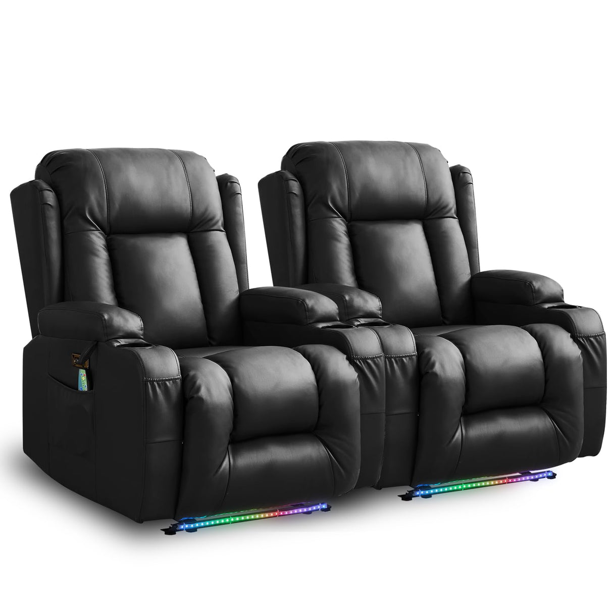 IPKIG Power Recliner Chair with Led Light - Faux Leather Overstuffed Home Theater Recliner w/Massage Heat/Lumbar Pillow/USB Port/Cup Holders/Side Pockets, Movie Gaming Reclining Chair (2 Sets, Black) IPKIG