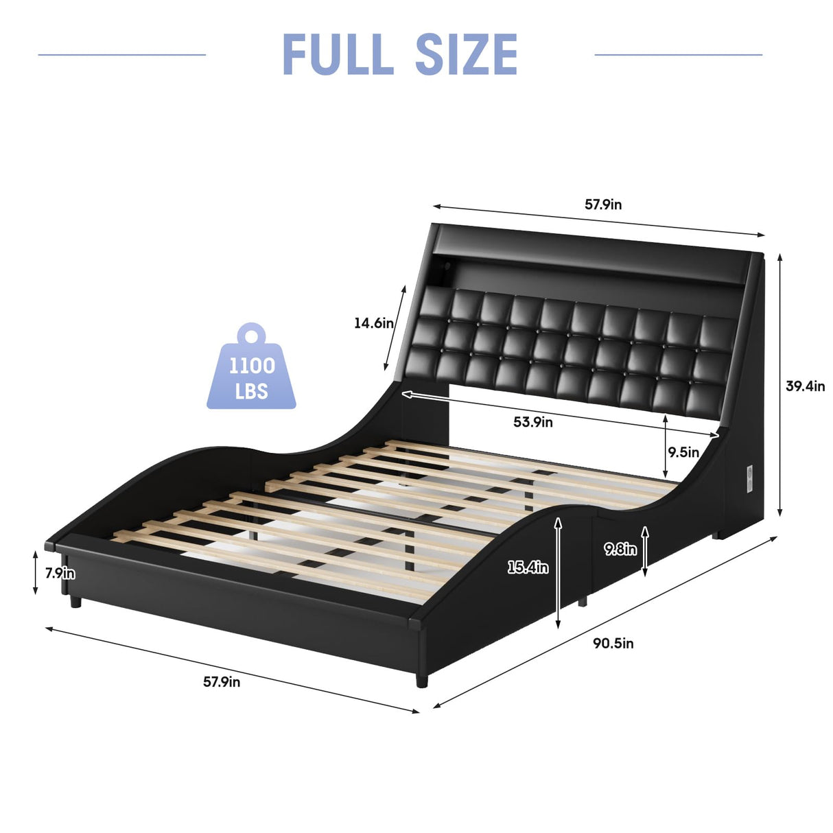 Fameill LED Full Size Bed Frame with Bluetooth Speaker & Charging Station, PU Leather Upholstered Platform Bed Frame with Modern Wave-Like Curve, Low Profile, Noise Free, No Box Spring Needed, Black Fameill