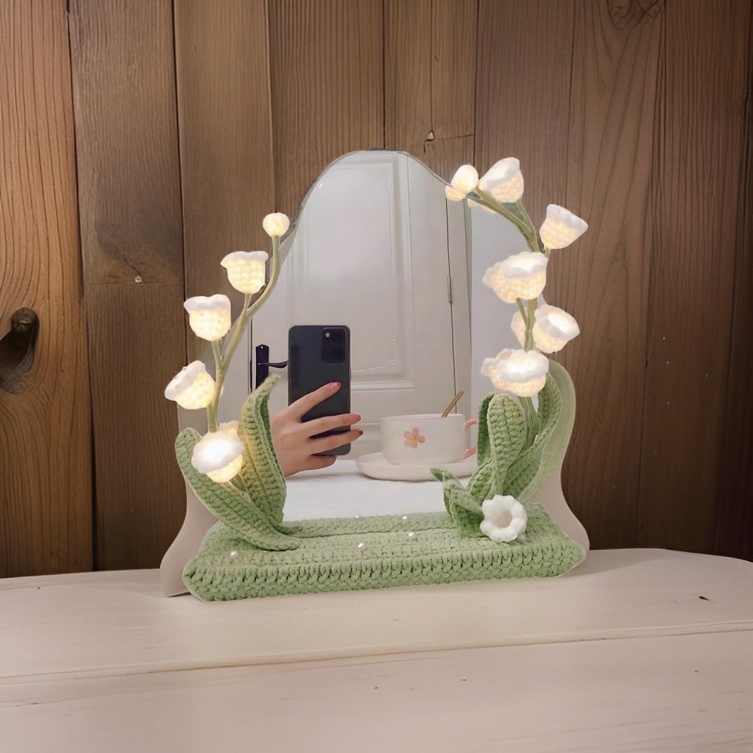 kasthamandap wooden Makeup Vanity Mirror with led Light, Handcrafted Crochet Flower Accent for Room Decoration kasthamandap wooden