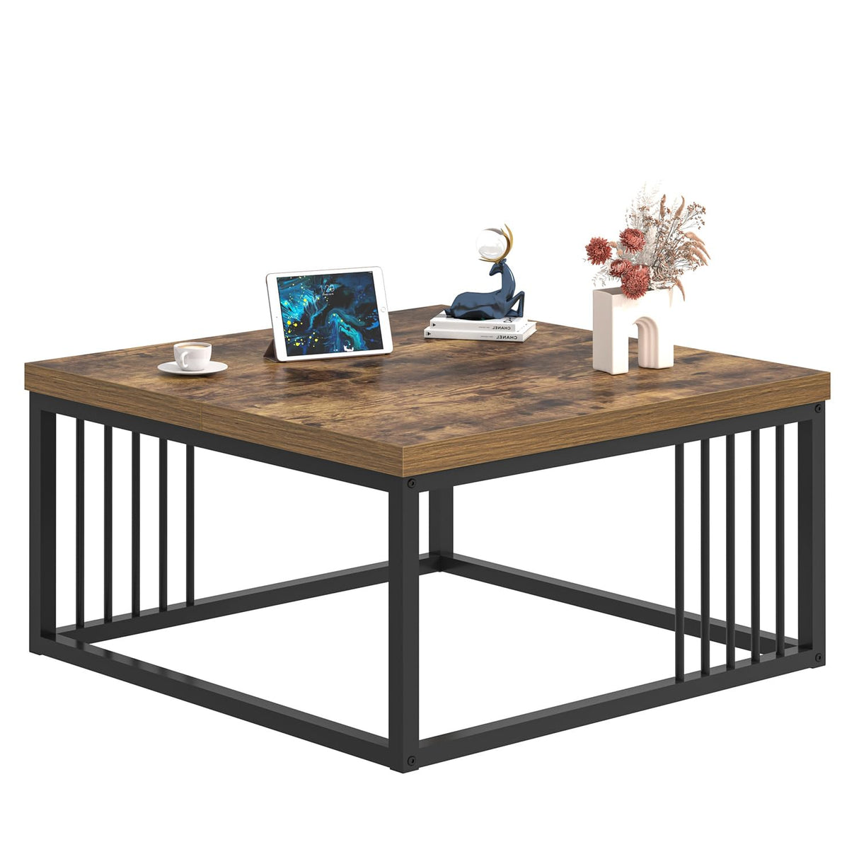 FOLUBAN Modern Coffee Table, Square Center Table for Living Room, Industrial Rustic Wood and Metal Cocktail Tea Table, 31.5 Inch, Brown FOLUBAN