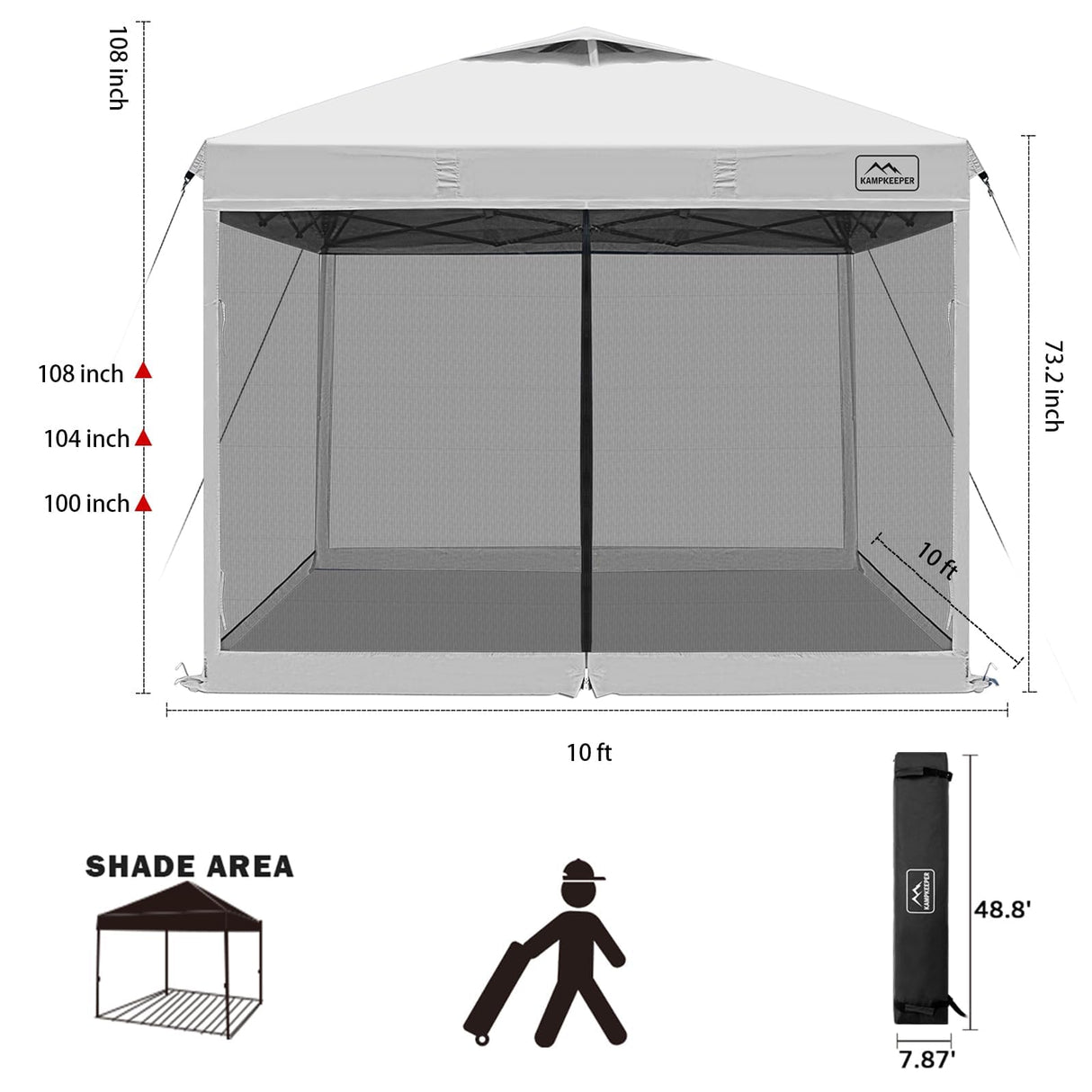 KAMPKEEPER Outdoor 10'x10' Pop Up Screened Canopy Tent with Netting Mesh Walls,4 Sandbags,1 Roller Bag (White Vented Top KAMPKEEPER