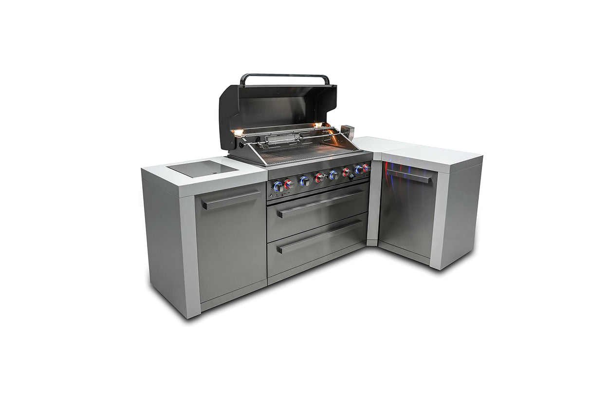 Mont Alpi MAi805-D90 44-inch 6-Burner 115000 BTU 90 Degree Corner Deluxe Stainless Steel Gas Outdoor Kitchen Barbecue Island Grill + Infrared Side Burner + Granite Countertops + Storage Drawers Mont Alpi