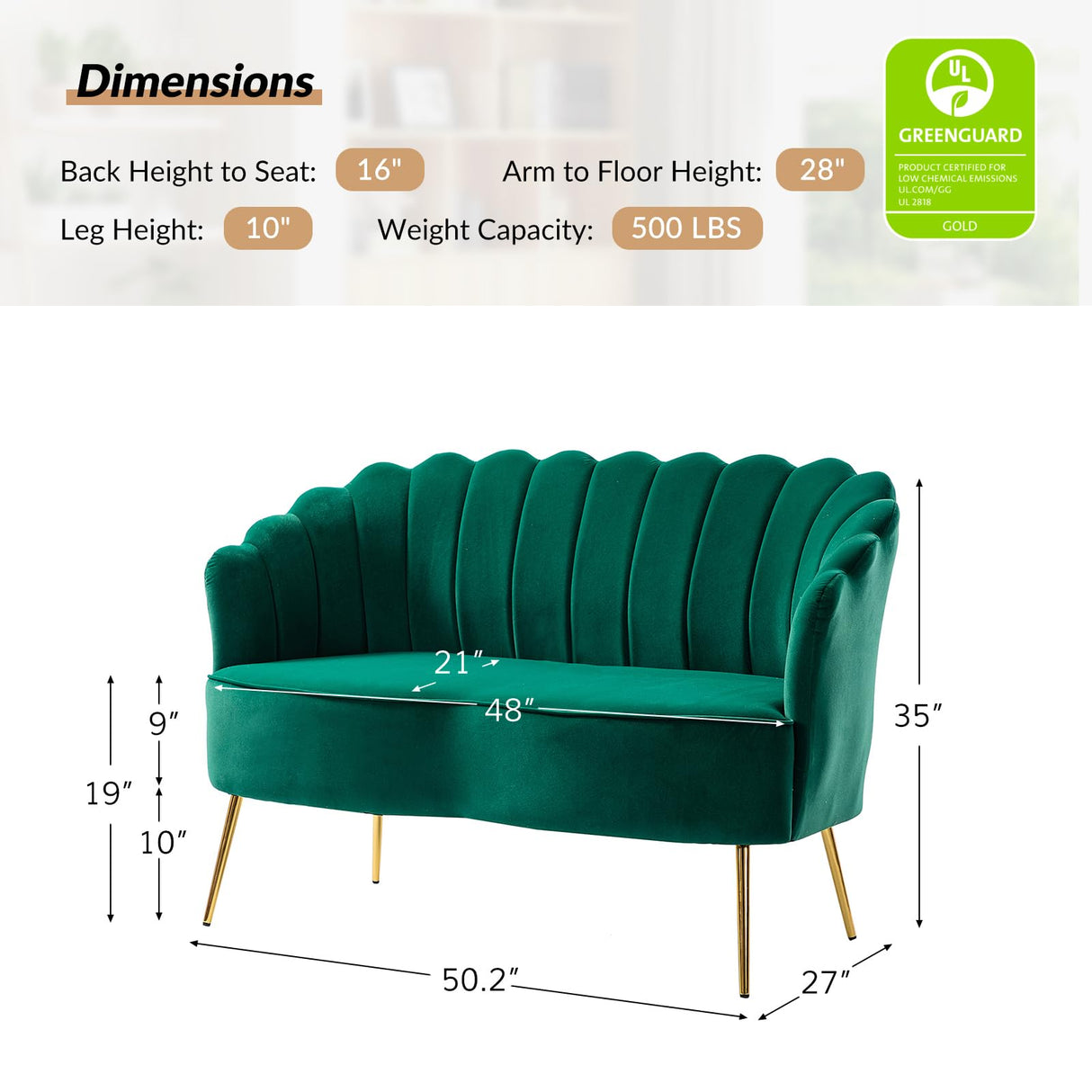 HULALA HOME Velvet Loveseat Sofa with Flower Shaped Back, Modern 2-Seater Sofa for Living Room Bedroom, Comfy Upholstered Small Love Seat Couch with Gold Legs, Green HULALA HOME