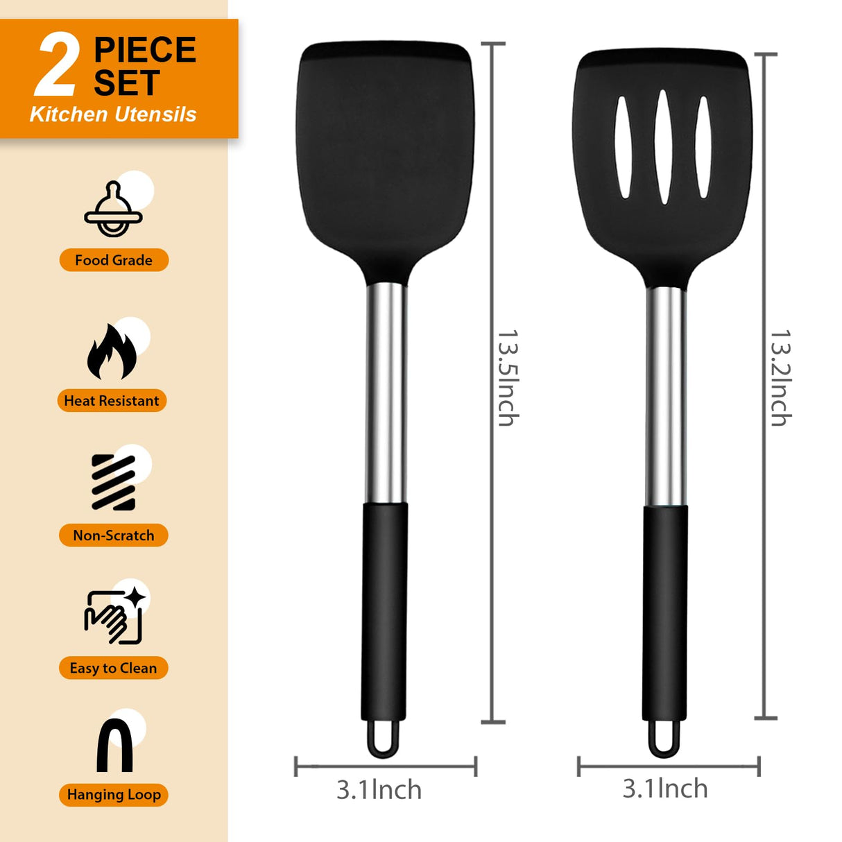 E-far Silicone Spatula Set of 2, Solid & Slotted Turner for Nonstick Cookware, Heat Resistant Rubber Kitchen Cooking Utensils for Flipping Fish Pancake Egg - Black E-far