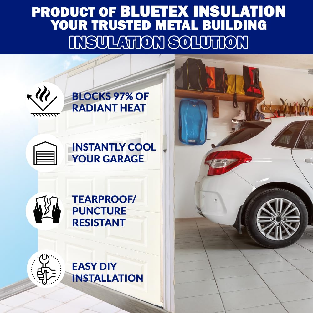BlueTex Insulationㅤ Insulation White Reflective Foam Core Tearproof 2 Car Garage Door Insulation Kit 18FT (Wide) x 7FT (HIGH) to Cool Your Garage. Complete DIY Installation Kit BlueTex Insulation