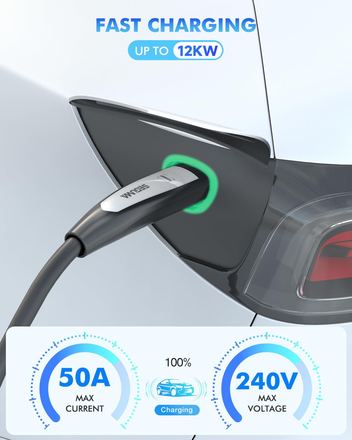 EV Charger Extension Cable for Tesla 50Amp 40ft Up to 240V 12kW with NACS Plug, EV Extension Cord for Level 1/2 Tesla Mobile Charger/Wall Connector, Extension Cable for Tesla Model-Y/X/3/S/Cybertruck SEGUMA