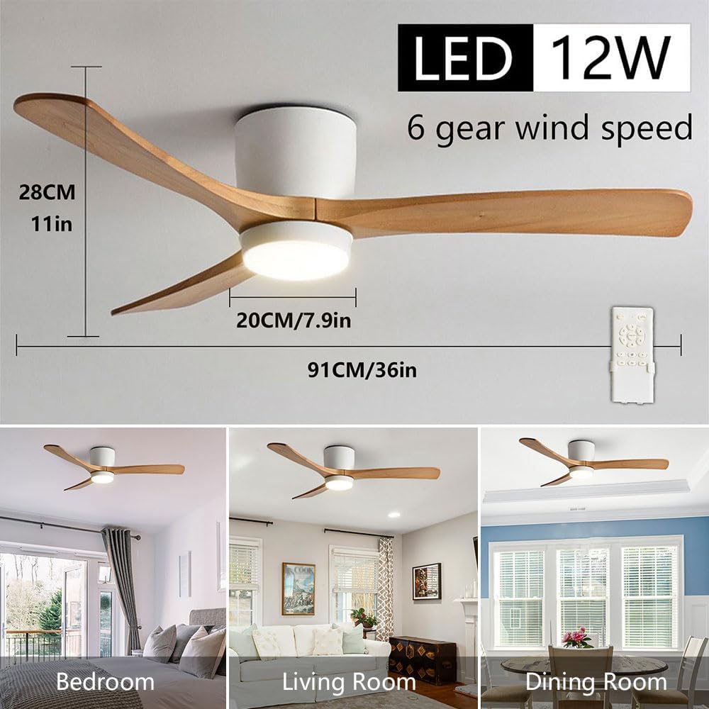 IBalody 36in Quiet Ceiling Fan with Light Remote ETL Listed White Ceiling Fan Light 6 Gear Wind Speed, Solid Wood Blades Modern Indoor Ceiling Fan for Bedroom Living Room Dining Room IBalody