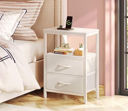Huuger Nightstand with Charging Station, Side Table with 2 Fabric Drawers, End Table with Open Shelf, Bedside Table with USB-C Port and Outlets, Night Stand, PU Leather, White Huuger