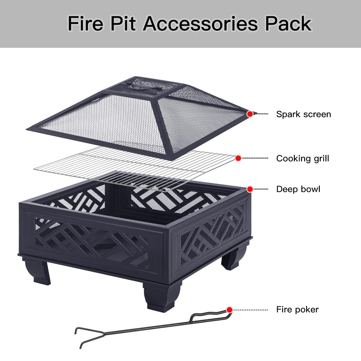 MistMo 26" Steel Square Fire Pit with Grill & Poker, Outdoor Fireplace with Mesh Cover for Patio, Backyard & Garden, Ideal Mistmo