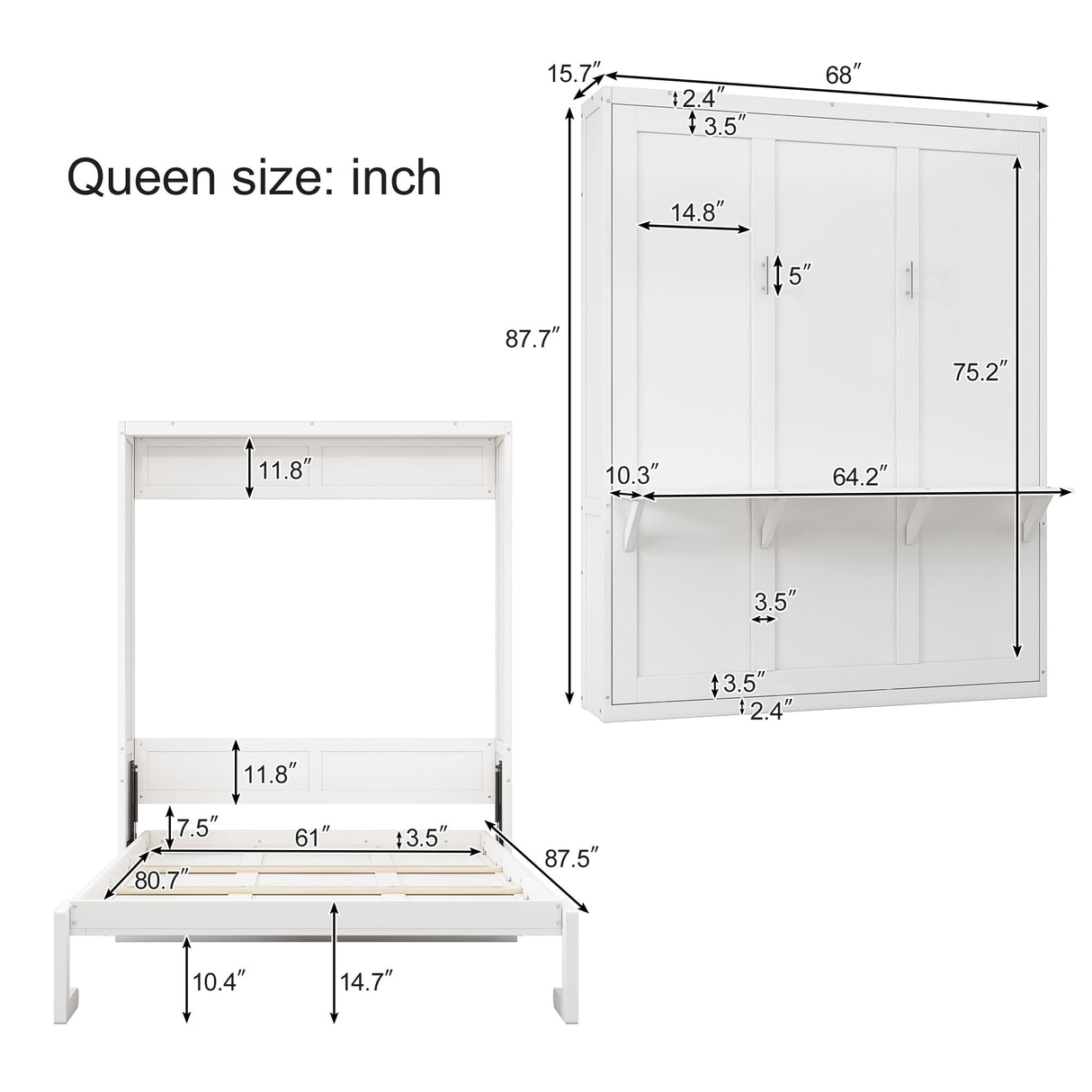 SOFTSEA Queen Murphy Bed with Shelf Queen Size Foldable Platform Bed with Desk and Wardrobe for Guest Room SOFTSEA
